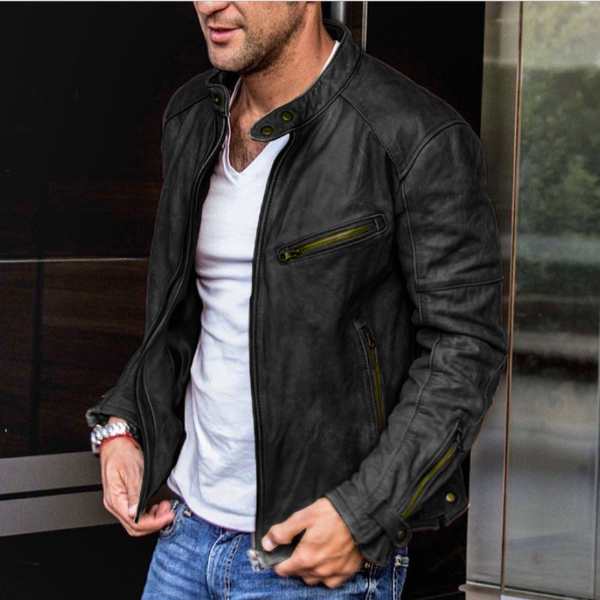 Punk Style Men's PU Leather Jacket with Stand Collar