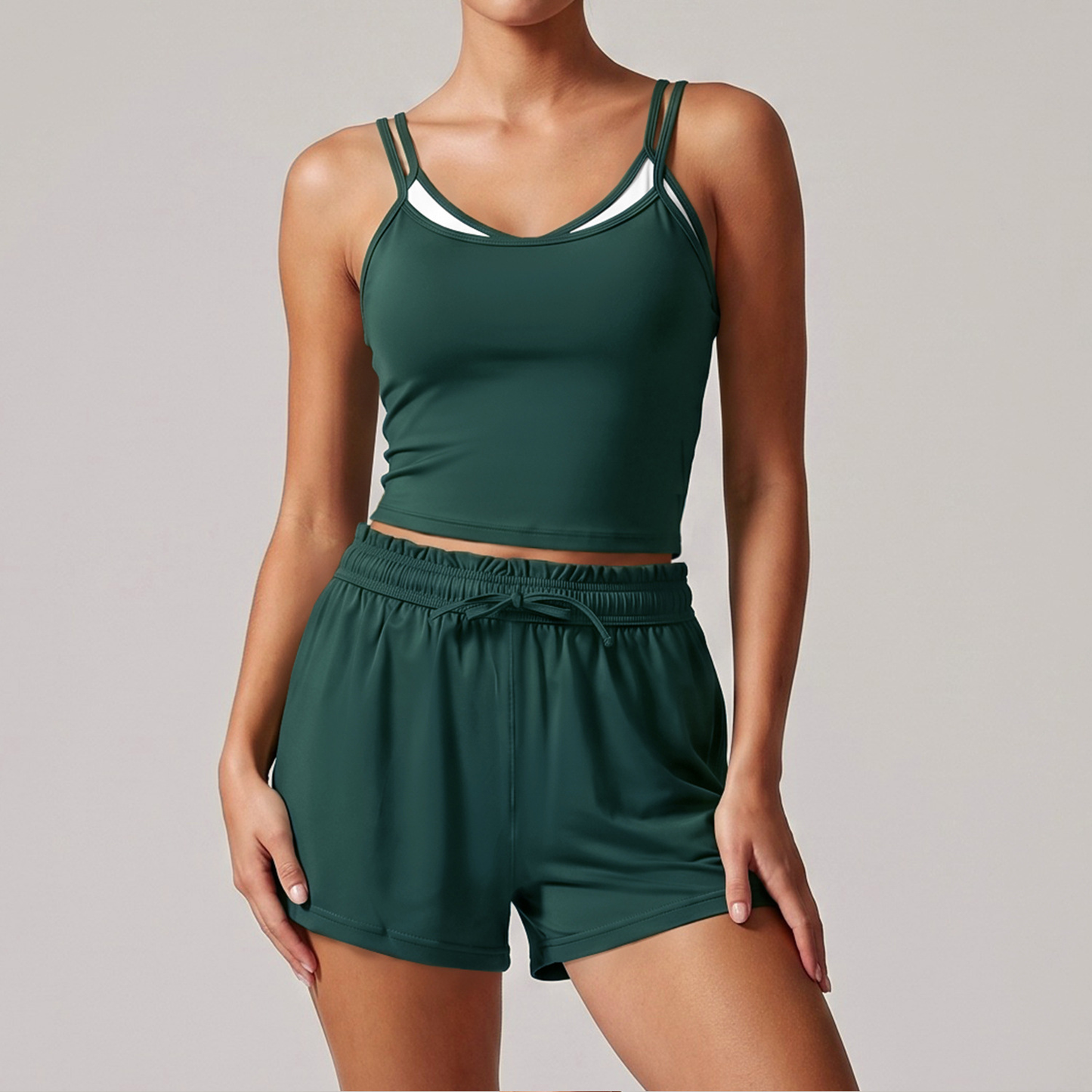 Women's Yoga Set Summer Bare-Feel Strap Top for Fitness Running Sports Tennis Shorts Sage Green