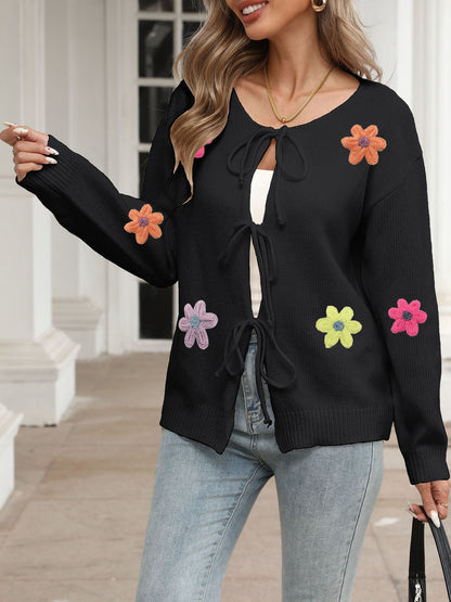 Knit Cardigan Coat with Tie Bow, Wool Embroidery Flower Patchwork for Women