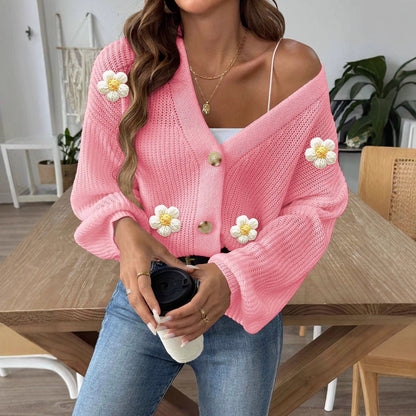 Lady Knit Sweater Crochet Flower Patchwork Short Buttoned Cardigan Coat Outerwear