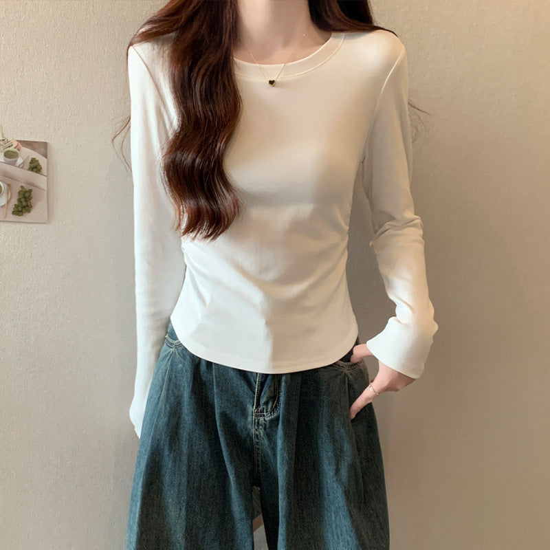 Autumn New Pleated Long Sleeve Inner Top for Women, Irregular Hem T-Shirt, Pure Cotton Basic Shirt