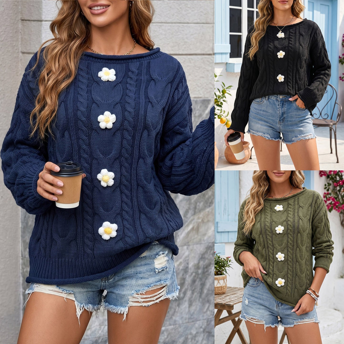 Women's One-Shoulder Knit Sweater with Hand-Crocheted Floral Patchwork