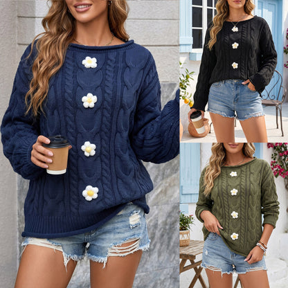 Women's One-Shoulder Knit Sweater with Hand-Crocheted Floral Patchwork