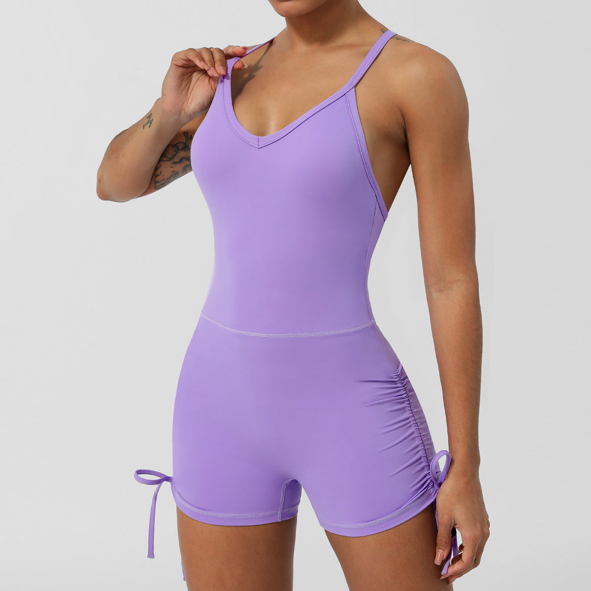 Style V-Neck Bodysuit Yoga Thin Strap Cross Back Yoga Wear Slim Fit Shorts Sleeveless with Built-in Bra