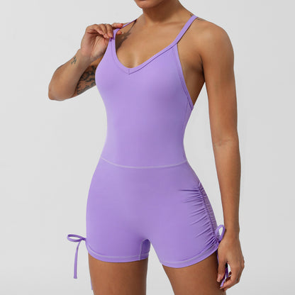 Style V-Neck Bodysuit Yoga Thin Strap Cross Back Yoga Wear Slim Fit Shorts Sleeveless with Built-in Bra
