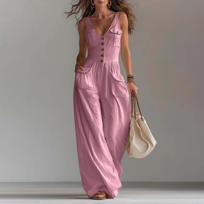 Pocket V-neck button vest jumpsuit for women