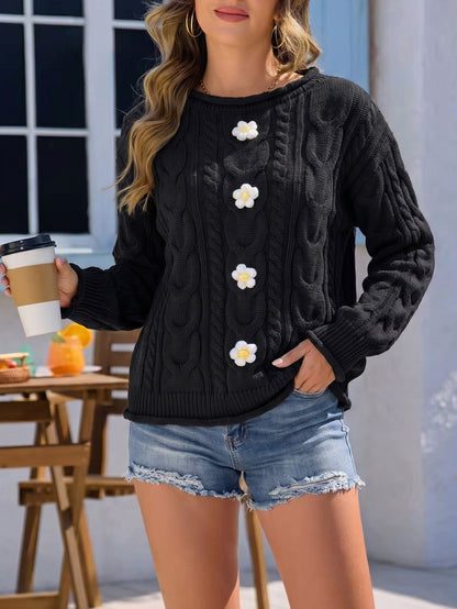 Women's One-Shoulder Knit Sweater with Hand-Crocheted Floral Patchwork