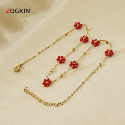 Versatile Fresh Floral Stainless Steel Bracelet for Women, Unique Titanium Steel Necklace Jewelry