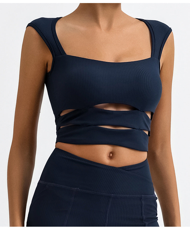New  Fashion Double-Shoulder Low-Cut Striped Sexy Yoga T-Shirt for Outdoor Sports, Casual Semi-Formal Wear