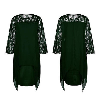Lace Patchwork Three-Quarter Sleeve Irregular Hem Chiffon Dress