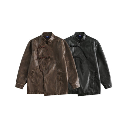 Disk Button PU Leather Jacket for Men and Women, National Trend Outerwear