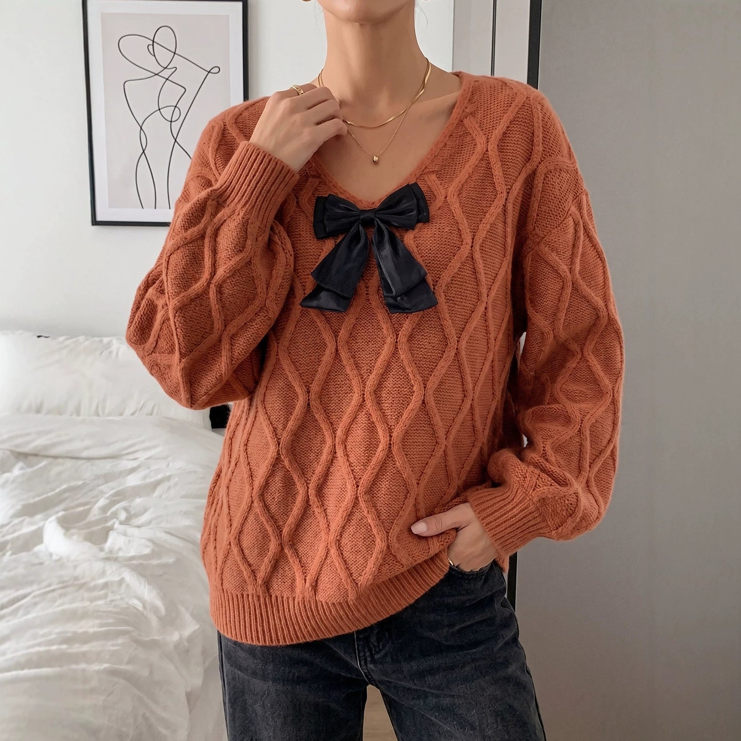 Women's Casual V-Neck Bow Elegant Long Sleeve Loose Sweater