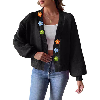 Ladies' Knitted Sweater Coat with Hand-Crocheted Floral Patchwork, Short Sleeveless Cardigan