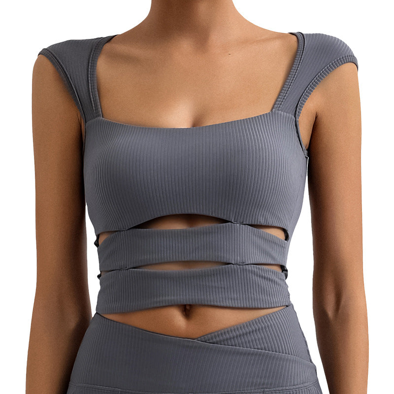 New  Fashion Double-Shoulder Low-Cut Striped Sexy Yoga T-Shirt for Outdoor Sports, Casual Semi-Formal Wear