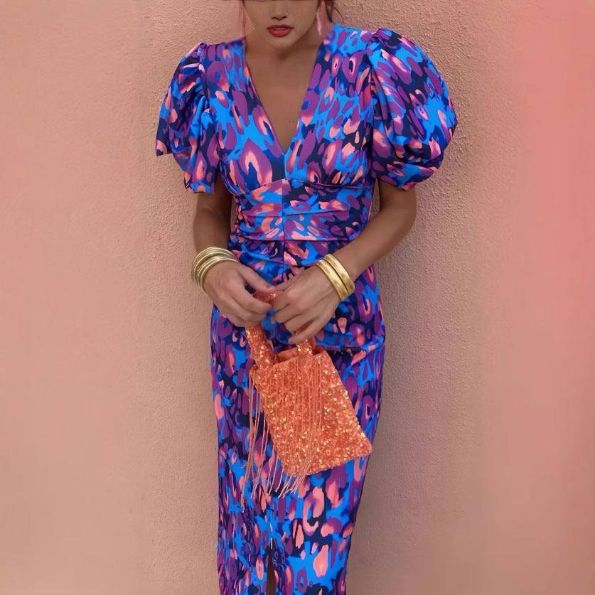 Printed Casual V-Neck Fitted Bodycon Slim Waist Bubble Sleeve Dress