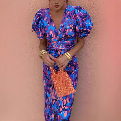 Printed Casual V-Neck Fitted Bodycon Slim Waist Bubble Sleeve Dress