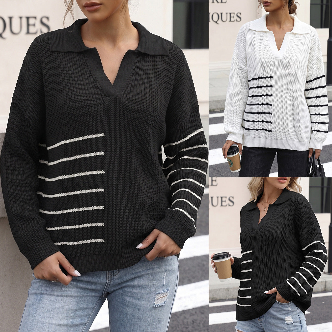 Colorful Patchwork Stripe Polo Neck Knitwear Women's Pullover Woven Top