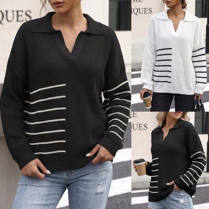 Colorful Patchwork Stripe Polo Neck Knitwear Women's Pullover Woven Top