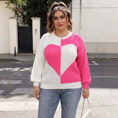 Plus Size Women's Knit Sweater with Heart Patchwork