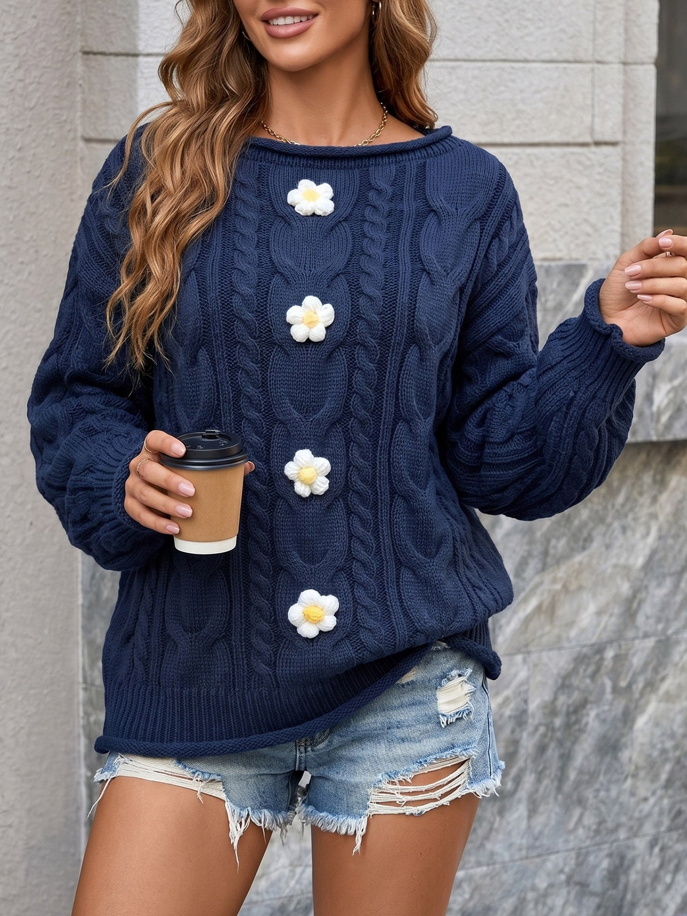 Women's One-Shoulder Knit Sweater with Hand-Crocheted Floral Patchwork