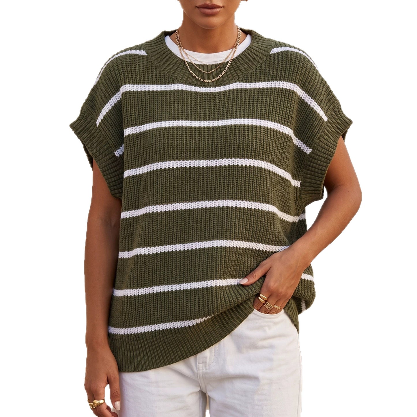 Women's Knitted Sweater Vest, New Striped Color-blocked Pullover Knit Loose Vest Top