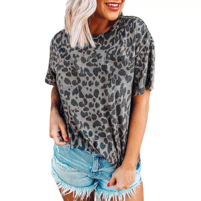 Leopard Pattern Crew Neck Casual Short Sleeve T-Shirt