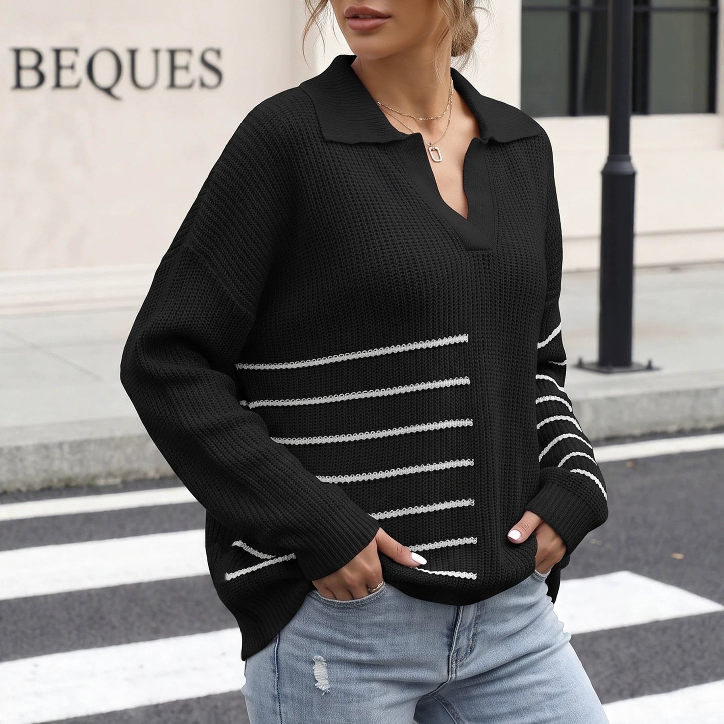 Colorful Patchwork Stripe Polo Neck Knitwear Women's Pullover Woven Top