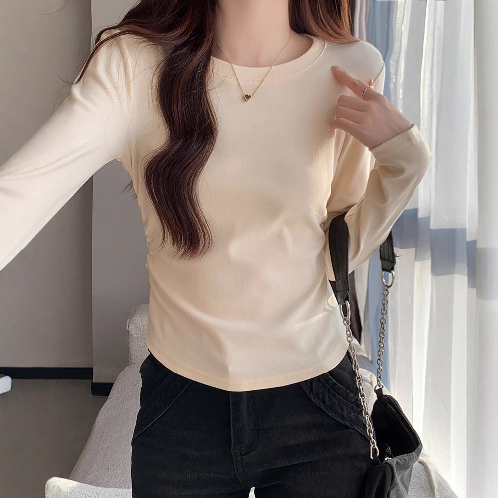 Autumn New Pleated Long Sleeve Inner Top for Women, Irregular Hem T-Shirt, Pure Cotton Basic Shirt