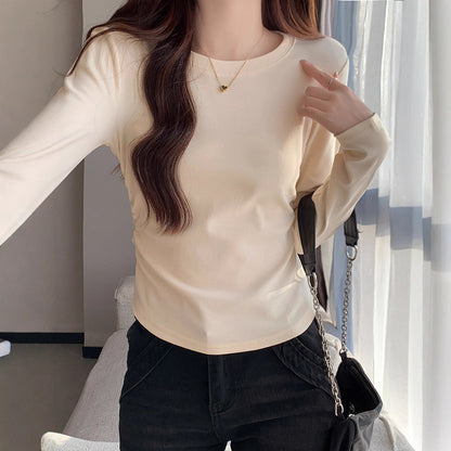 Autumn New Pleated Long Sleeve Inner Top for Women, Irregular Hem T-Shirt, Pure Cotton Basic Shirt