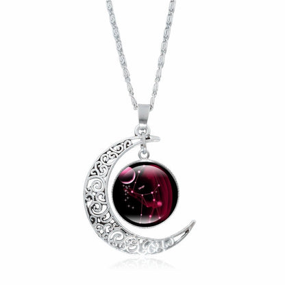 Zodiac Time Gem Luminous Necklace for Women, Simple Silver Moon Pendant Choker