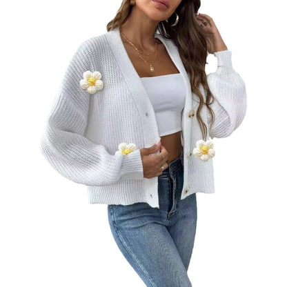 Lady Knit Sweater Crochet Flower Patchwork Short Buttoned Cardigan Coat Outerwear