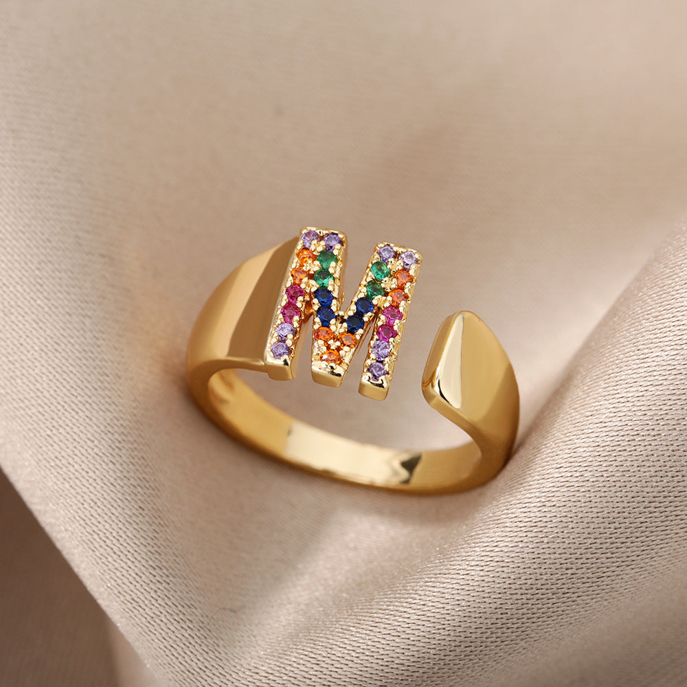 18K Gold Plated Micro Pave Colorful Zircon Letter Ring with 26 Letters Open Design