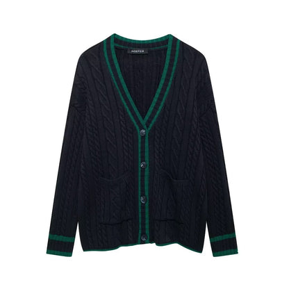 European and American autumn new style casual V-neck contrasting knitted top jacket