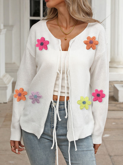 Knit Cardigan Coat with Tie Bow, Wool Embroidery Flower Patchwork for Women