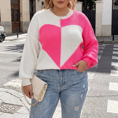 Plus Size Women's Knit Sweater with Heart Patchwork