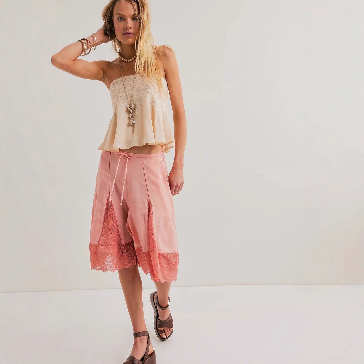 Women's Lightweight Satin Lace Sexy Trimmed Mid-Length Pants