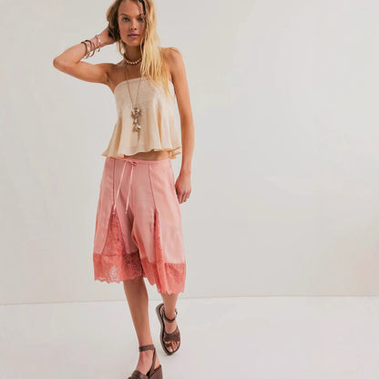Women's Lightweight Satin Lace Sexy Trimmed Mid-Length Pants