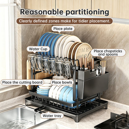 2-Tier Large Capacity Dish Drying Rack, Rustproof Carbon Steel Kitchen Sink Drainer with Cutting Board & Utensil Holder