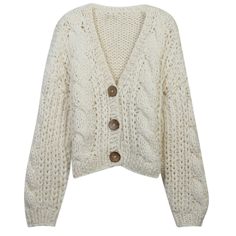 Women's long sleeved V-neck pink hollow thick loose knit cardigan jacket