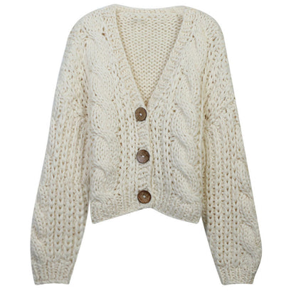 Women's long sleeved V-neck pink hollow thick loose knit cardigan jacket