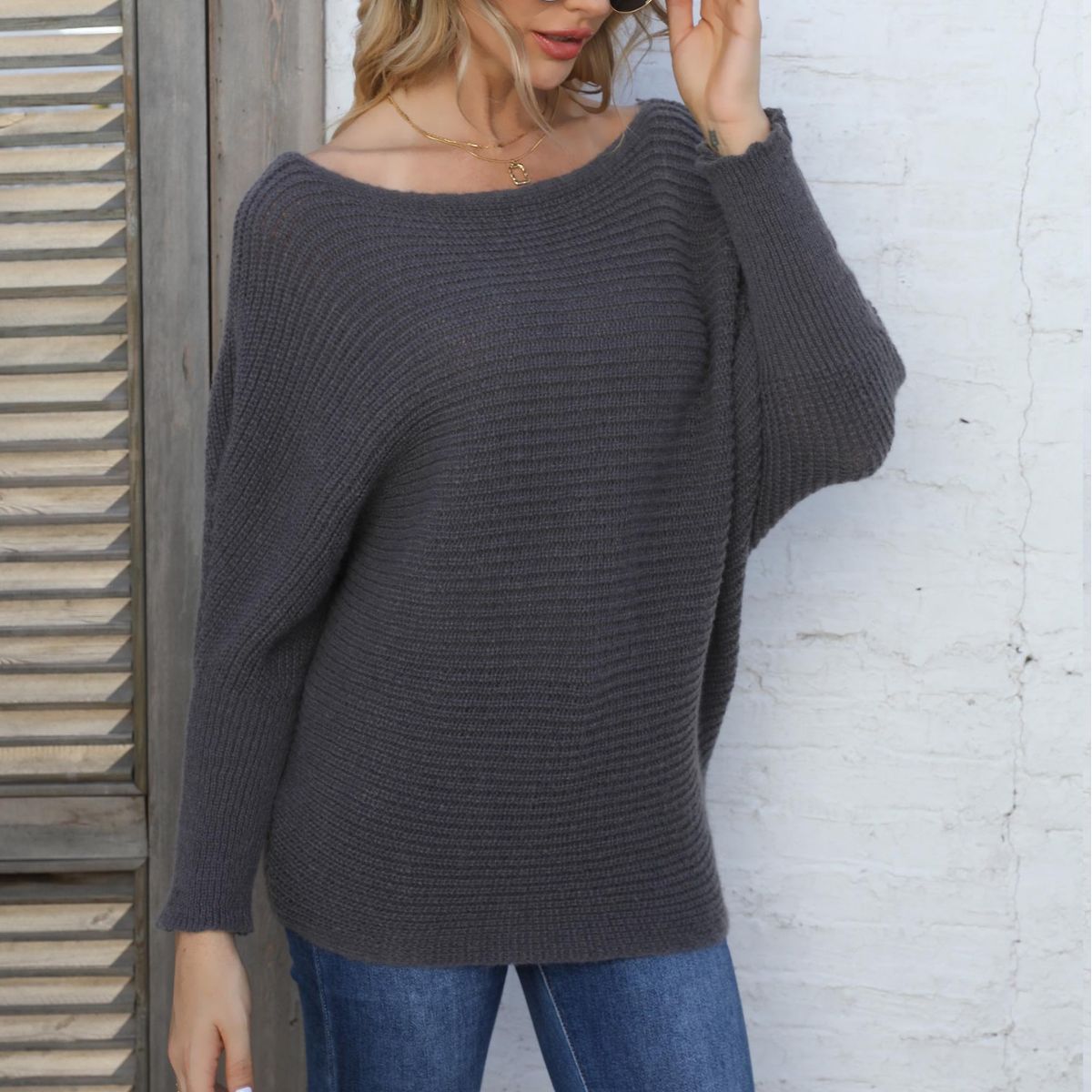 Ladies Knit Sweater Batwing Sleeve Boat Neck Loose Striped Sweater