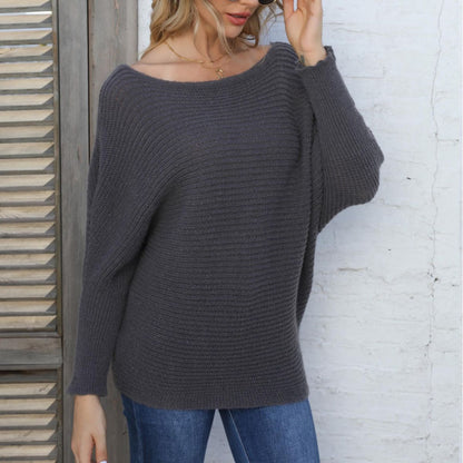 Ladies Knit Sweater Batwing Sleeve Boat Neck Loose Striped Sweater