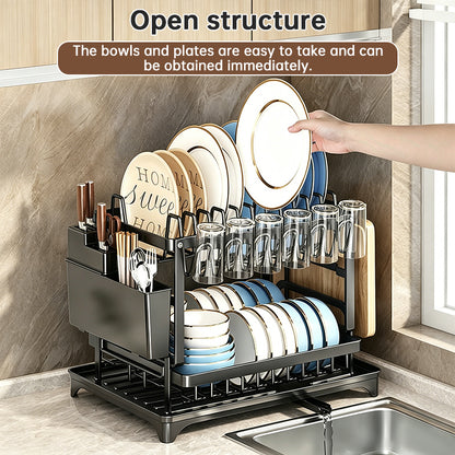 2-Tier Large Capacity Dish Drying Rack, Rustproof Carbon Steel Kitchen Sink Drainer with Cutting Board & Utensil Holder