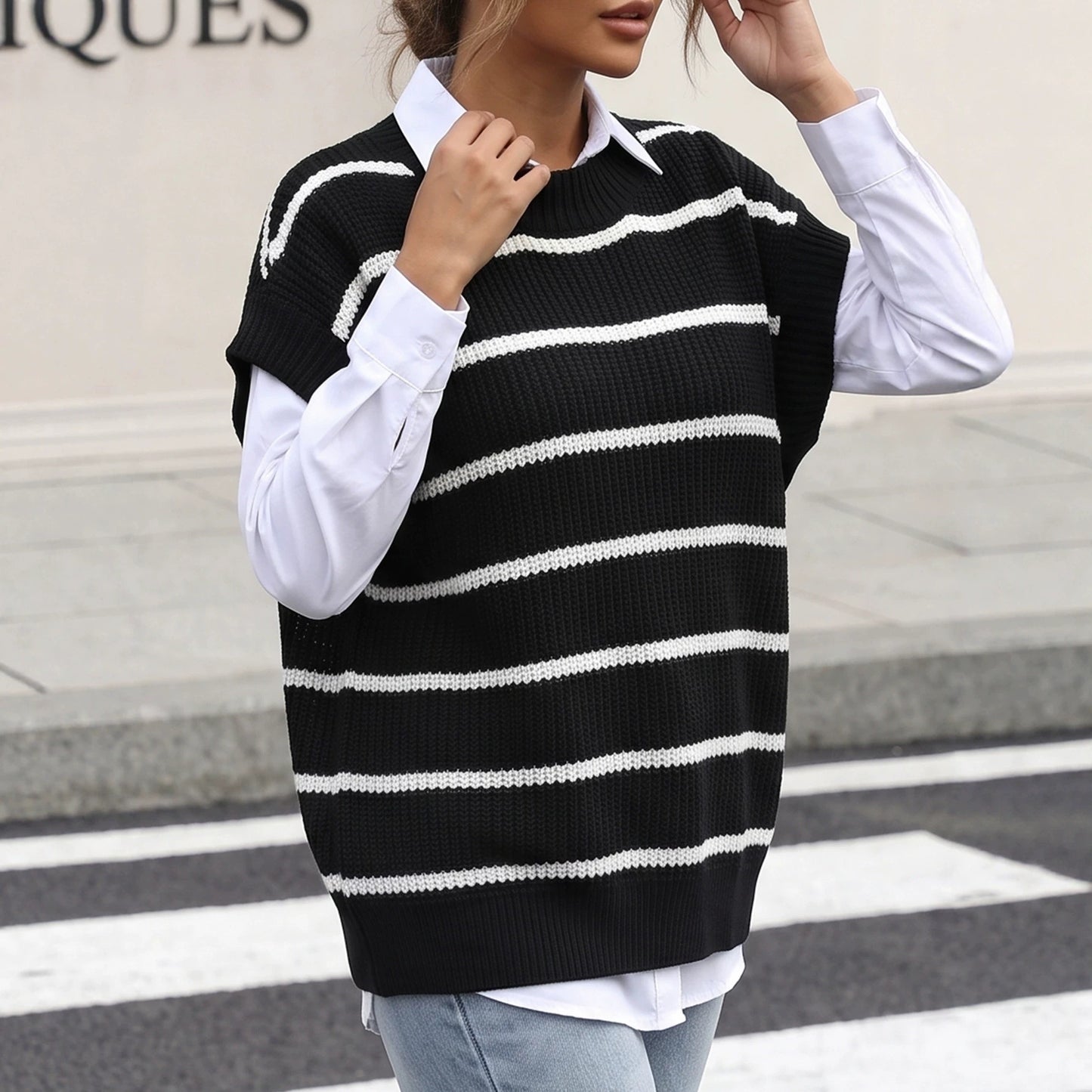 Women's Knitted Sweater Vest, New Striped Color-blocked Pullover Knit Loose Vest Top