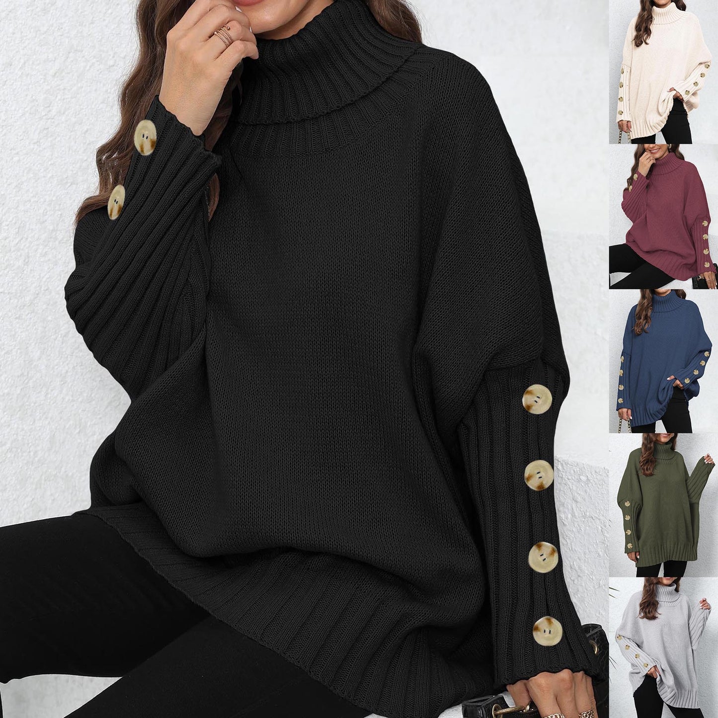 Knitted Sweater for Women, Solid Color, High Neck, Turn-down Collar, Loose Fit, Buttoned Knit Top