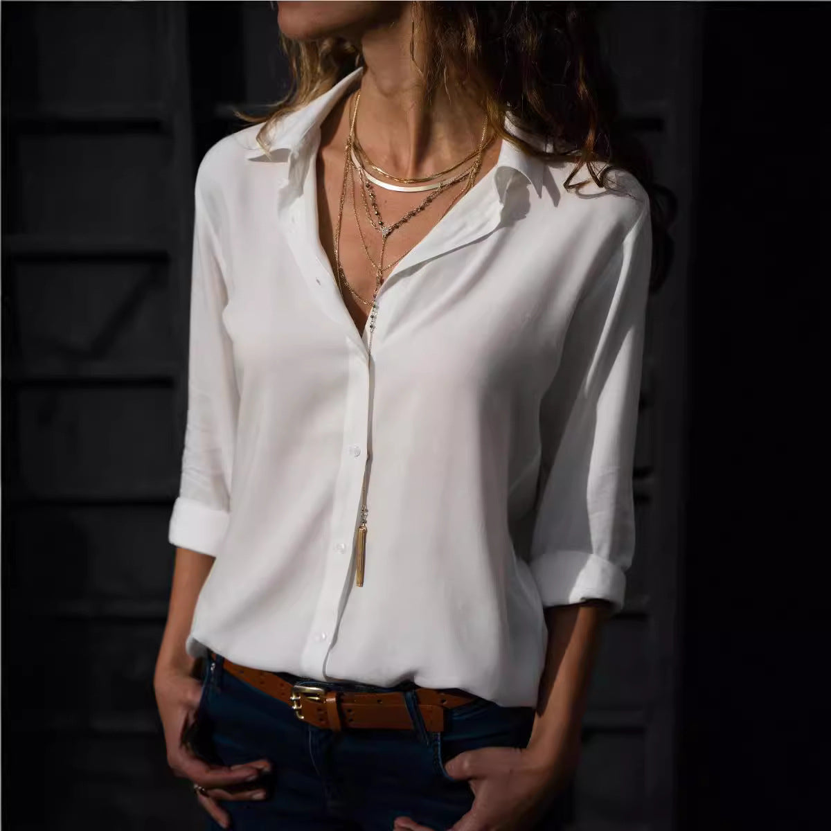 Ladies' Long Sleeve Deep V-Neck Buttoned Chiffon Blouse