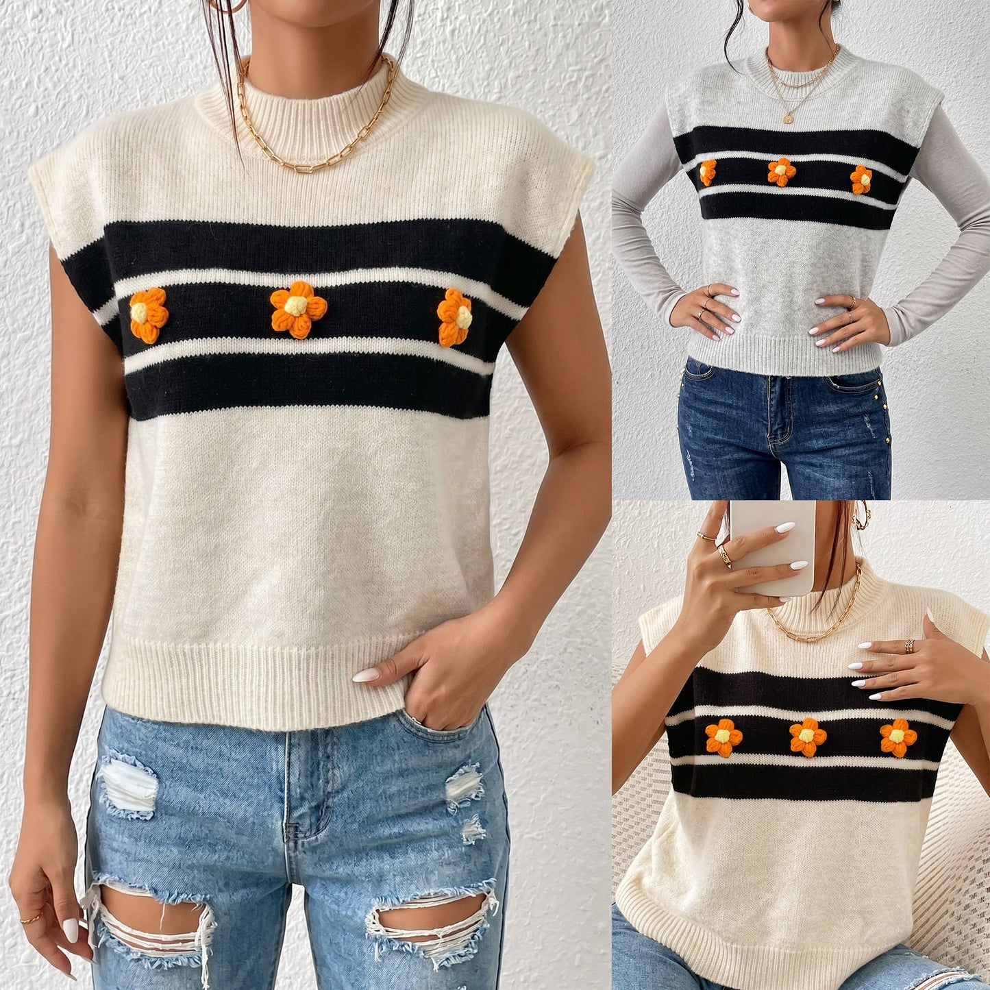 Striped Sleeveless Layered Women's Cardigan Casual Hand-crocheted Patchwork Knit Vest for Women