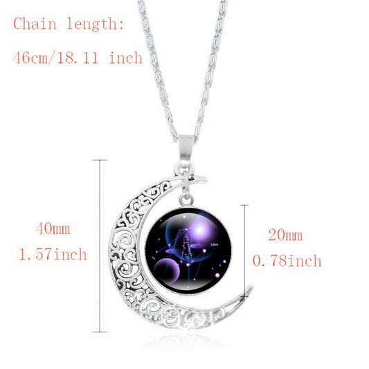 Zodiac Time Gem Luminous Necklace for Women, Simple Silver Moon Pendant Choker