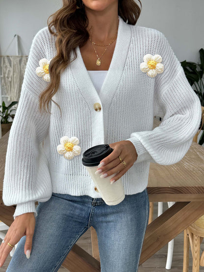 Lady Knit Sweater Crochet Flower Patchwork Short Buttoned Cardigan Coat Outerwear