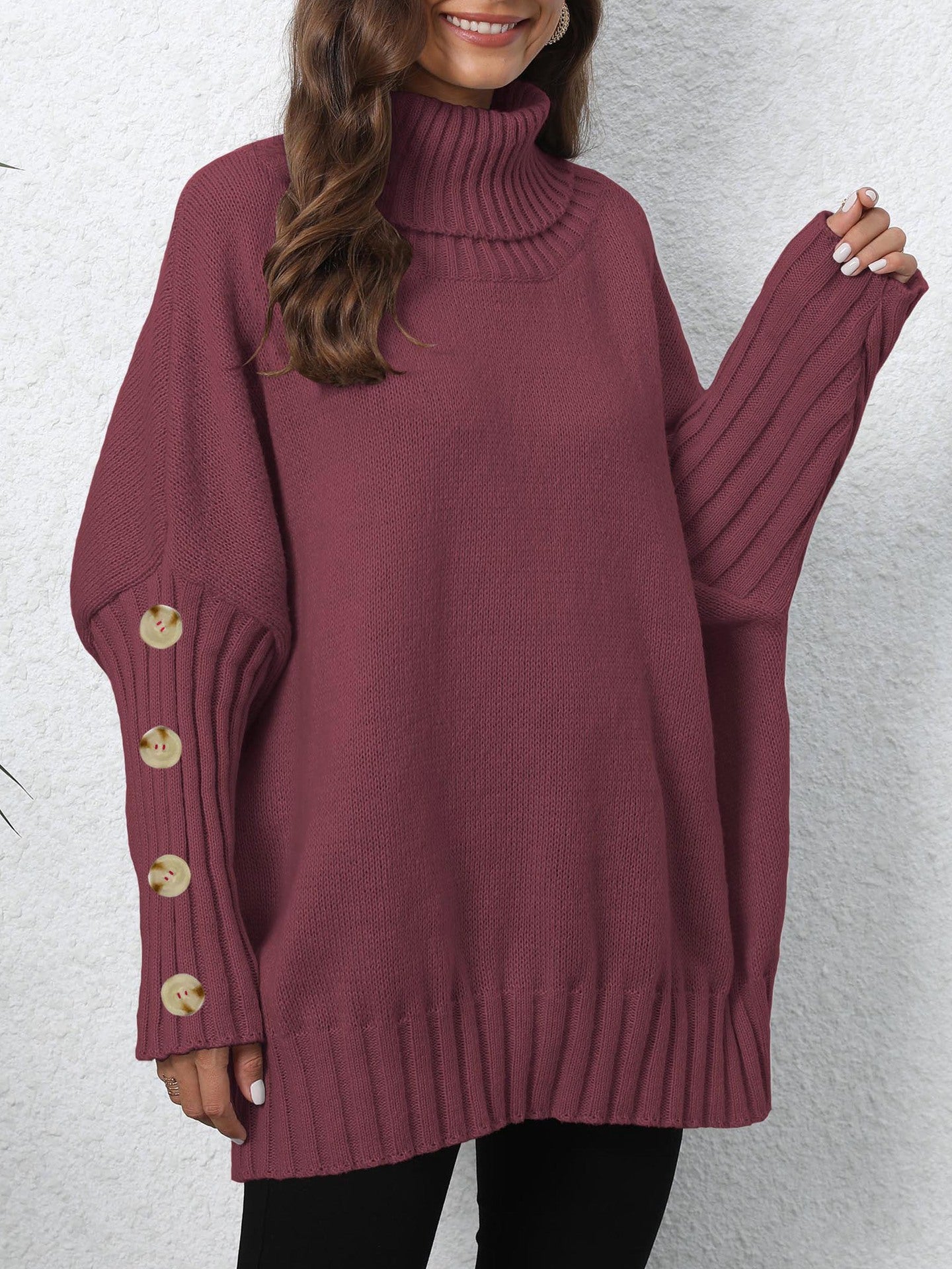 Knitted Sweater for Women, Solid Color, High Neck, Turn-down Collar, Loose Fit, Buttoned Knit Top